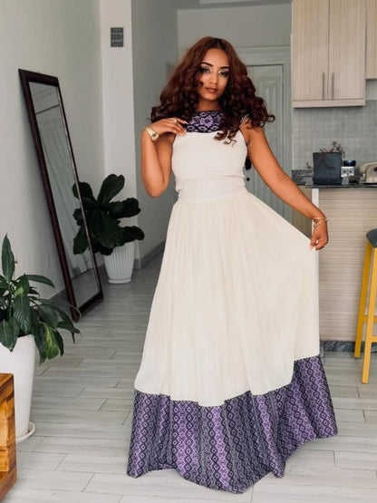 Sleeveless Habesha Kemis Purple Design Ethiopian Traditional Dress