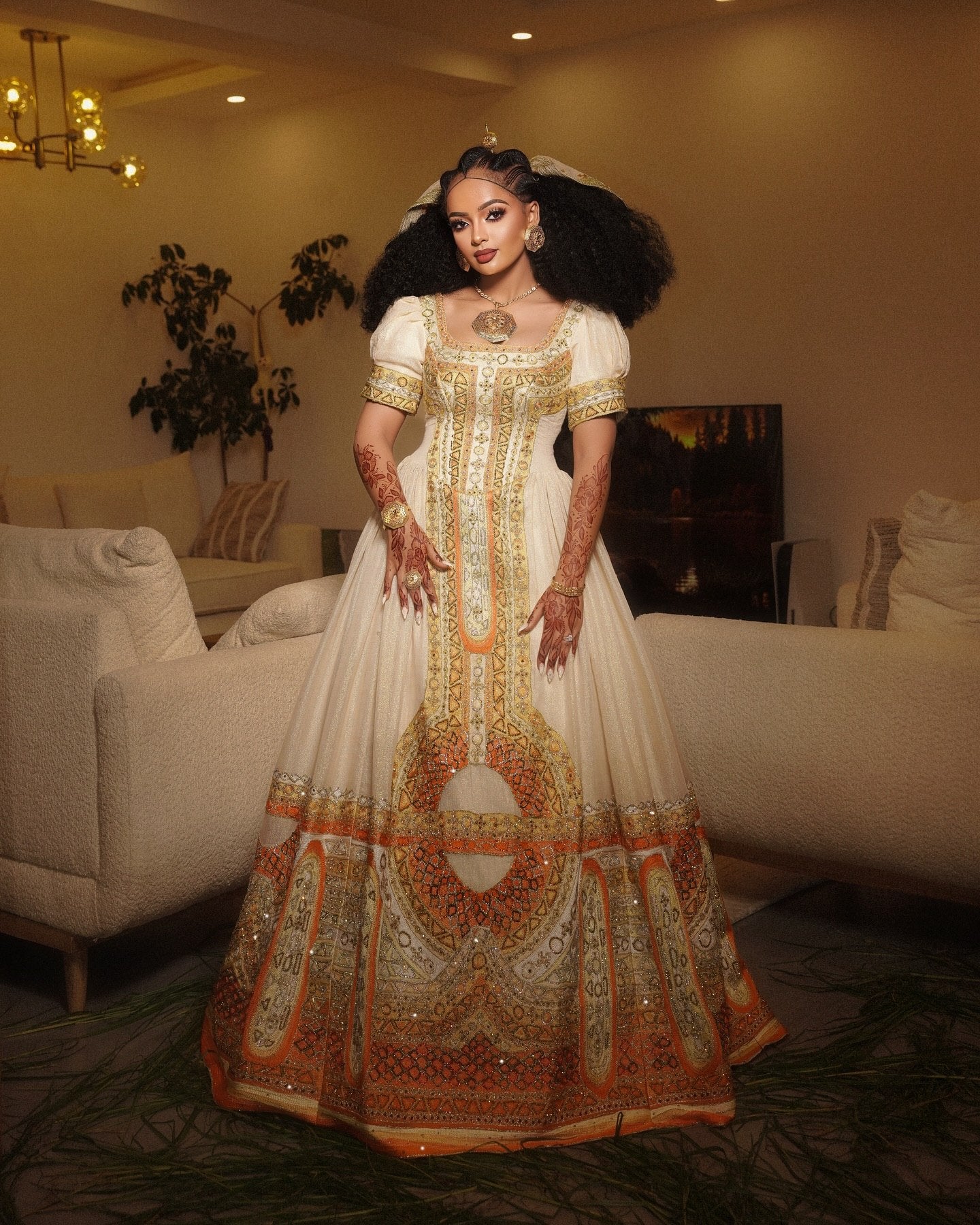 Habesha Couple Outfit White & Gold  Ethiopian Traditional Clothing Cultural Matching Set 735