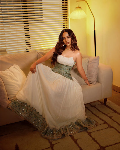 Strapless Habesha dress elegant white habesha kemis with green woven detail timeless Ethiopian traditional clothing 738