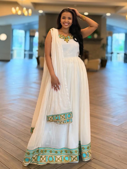 Timeless Ethiopian Clothing Elegant Habesha Kemis & Habesha Dress Gold Design 745
