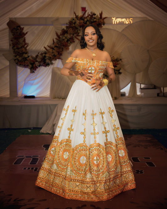 Off-shoulder Habesha Kemis Ethiopian Wedding Dress 