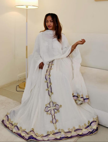 Blue & Silver Ethiopian Clothing Short Sleeve Habesha Kemis Charming Habesha Dress 749