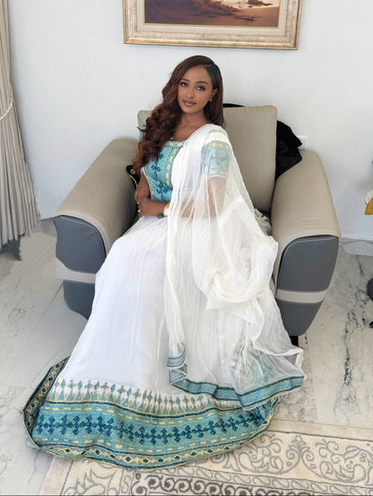 Charming Ethiopian Clothing Blue Embroidered Habesha Kemis & Habesha Dress Classic Style 755