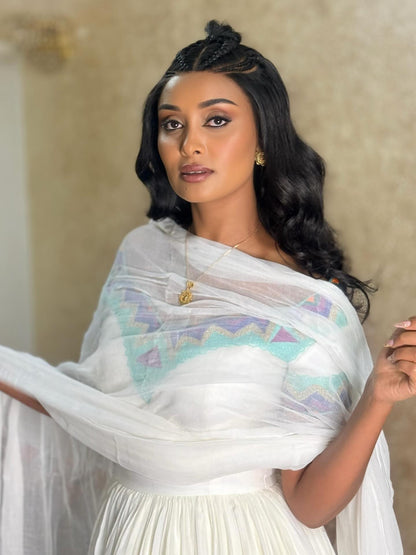 Festive Ethiopian Clothing Off Shoulder Short Sleeve Habesha Kemis Multicolor Design Habesha Dress 758