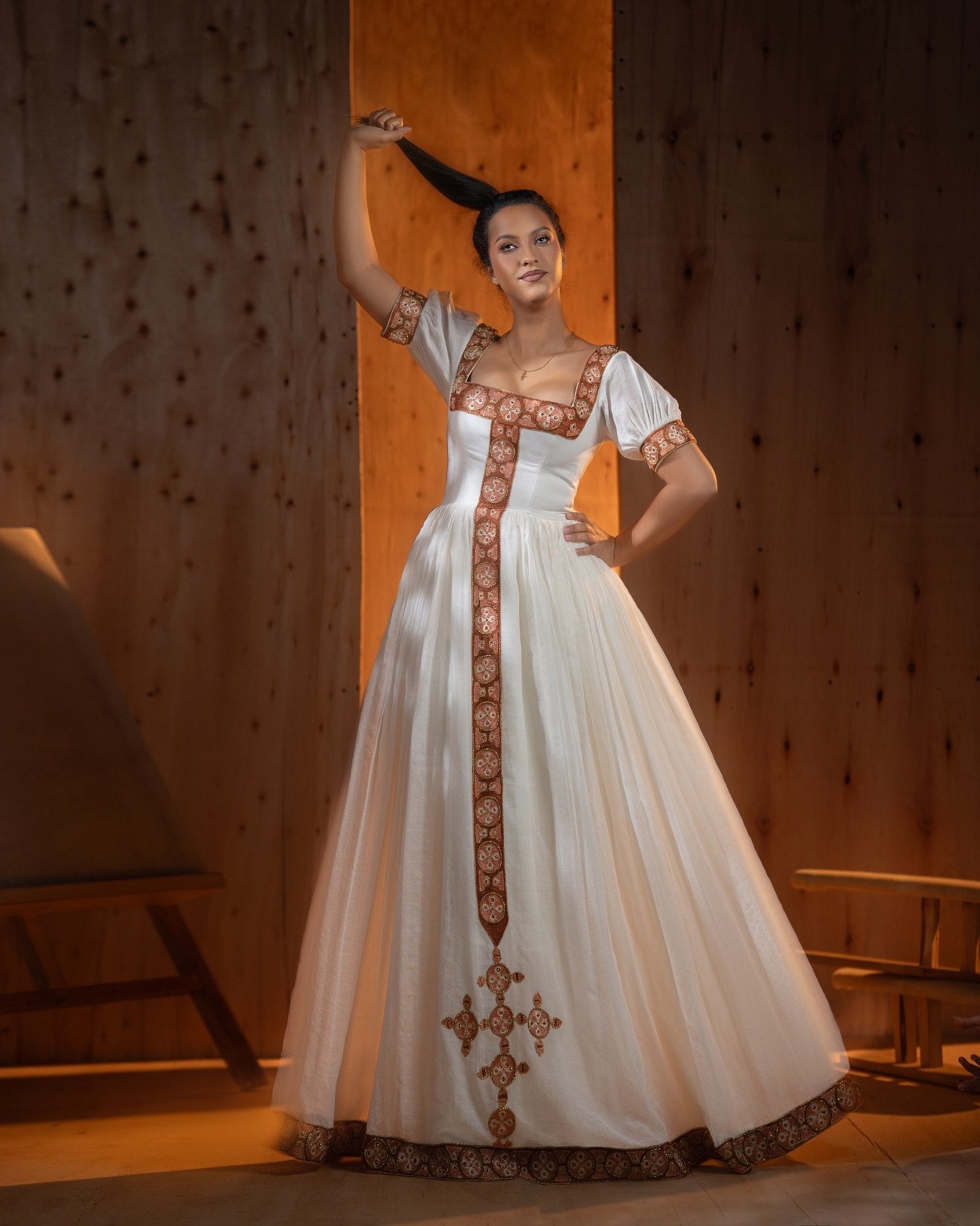 Traditional Ethiopian Dress Collection Graceful Habesha Dress with Brown Base and Pink Embroidery Habesha Kemis 759