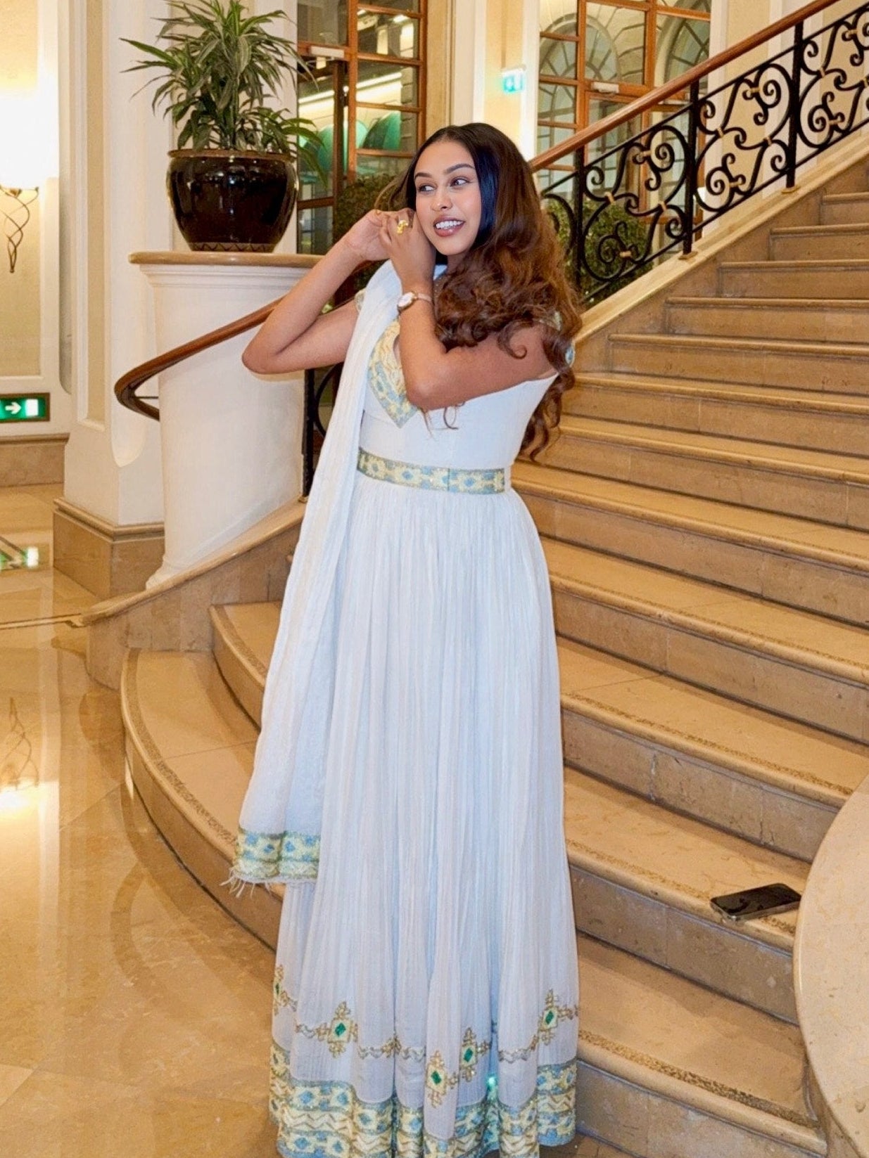 Charming White Habesha Kemis Soft Blue and Gold Habesha Dress  Traditional Embroidery Details 763