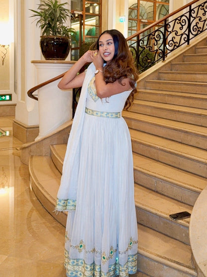 Charming White Habesha Kemis Soft Blue and Gold Habesha Dress  Traditional Embroidery Details 763