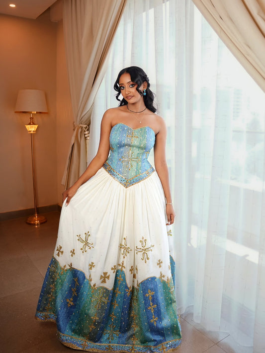 Traditional Ethiopian Wedding Dress | Stylish Eritrean Dress with Green and Blue Cultural Embroidery