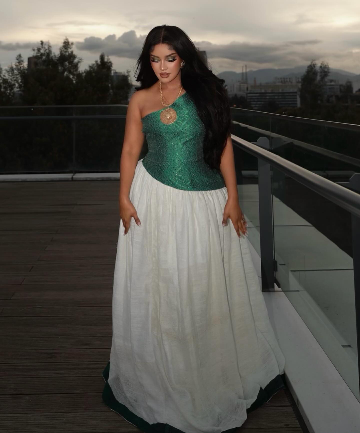 Stylish Habesha Kemis Green Woven Bodice and Hem Habesha Dress Sleeveless Ethiopian Dress 766
