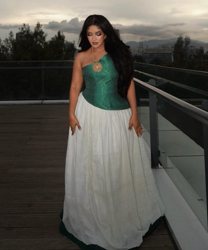Stylish Habesha Kemis Green Woven Bodice and Hem Habesha Dress Sleeveless Ethiopian Dress 766