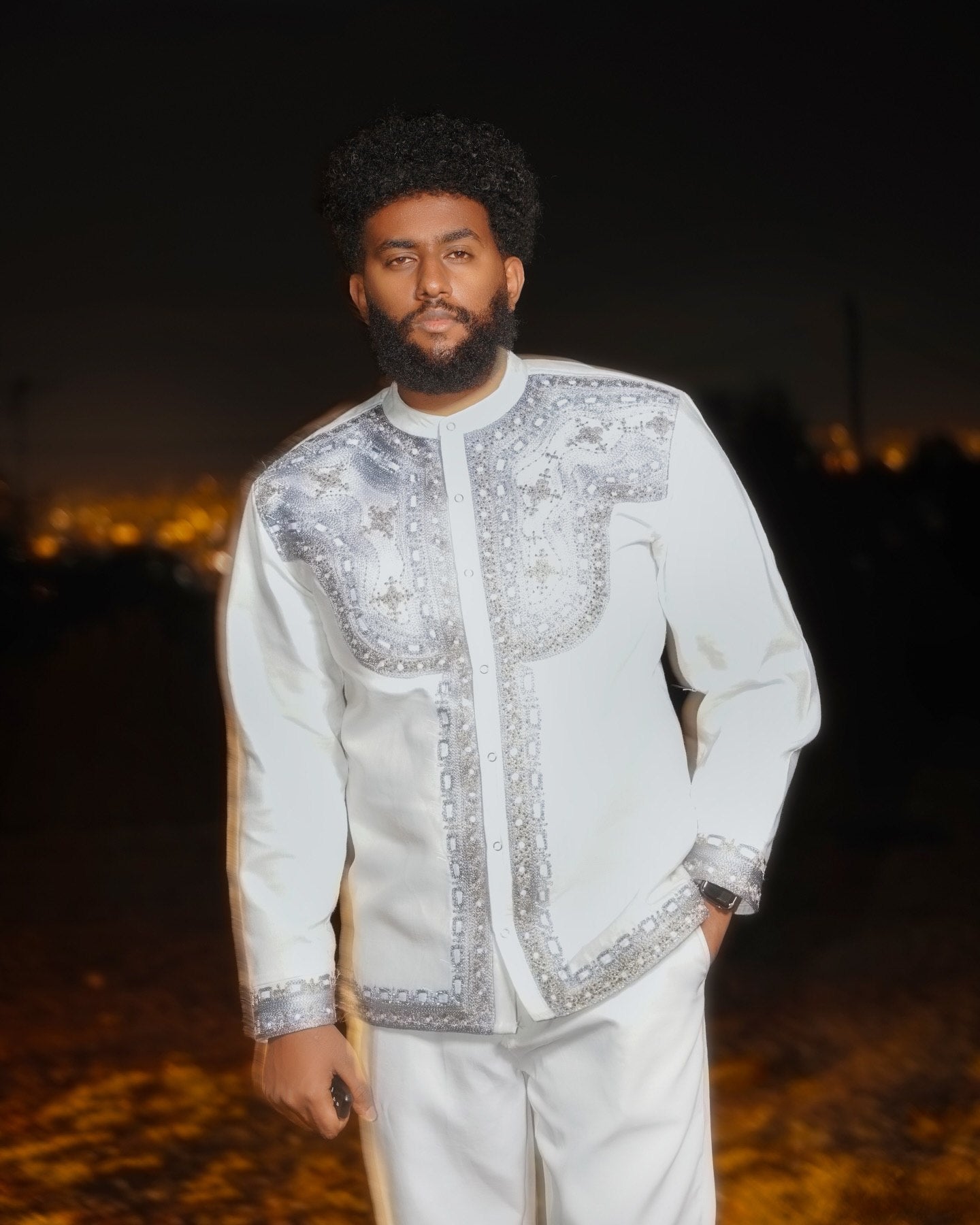 Traditional Ethiopian Dress Men’s Wear Habesha Clothing Silver Embroidery Shirt 768