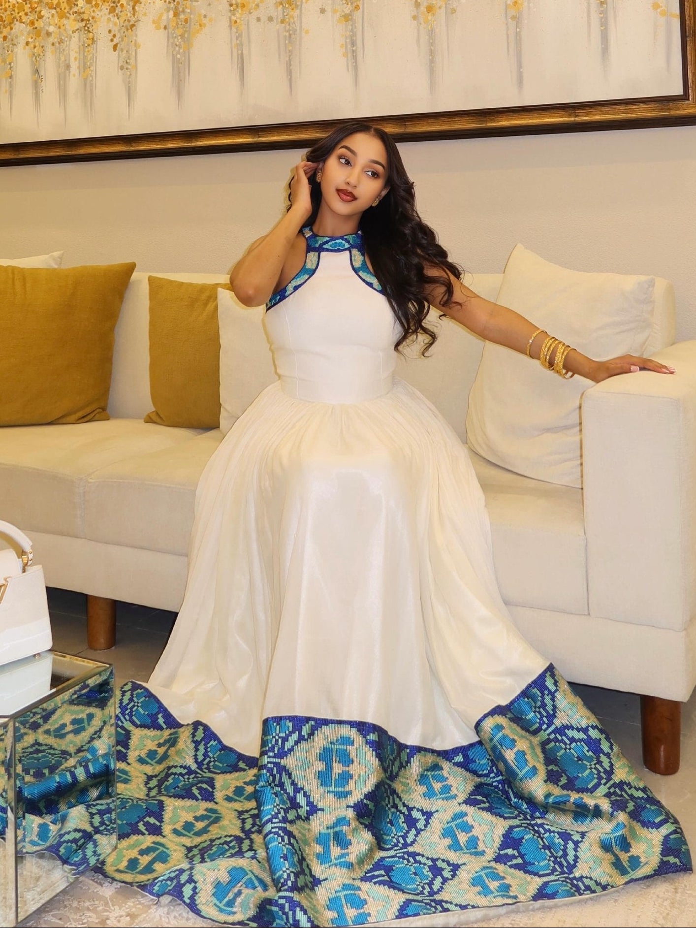 Blue Embroidered Ethiopian Clothing Sleeveless Habesha Kemis & Elegant Habesha Dress 870