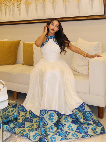 Blue Embroidered Ethiopian Clothing Sleeveless Habesha Kemis & Elegant Habesha Dress 870