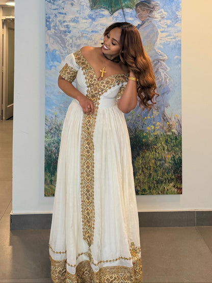 Golden Grace Ethiopian Clothing Off-Shoulder Habesha Kemis Short Sleeve Habesha Dress 885