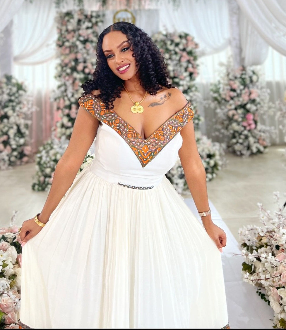 Off-Shoulder Habesha Dress Orange Embroidery Habesha Kemis Elegant Ethiopian Dress 888