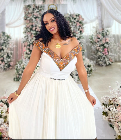 Off-Shoulder Habesha Dress Orange Embroidery Habesha Kemis Elegant Ethiopian Dress 888