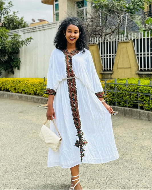 White Habesha Dress | Black Embroidered Ethiopian Kemis Casual Traditional Wear