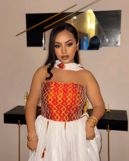 Modern Ethiopian Habesha Dress Red And Gold Bodice Embroidery Habesha Kemis Strapless Ethiopian Dress With Cultural Depth 0079