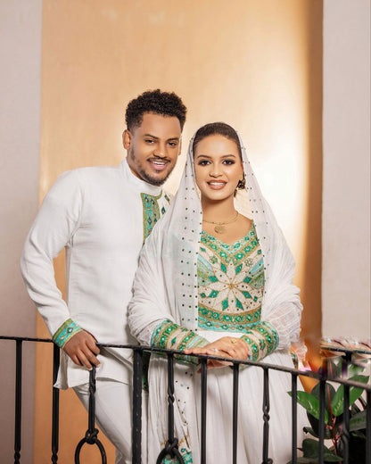 Ethiopian Traditional Matching Couple Outfit Green and Gold Embroidery Matching Set Ethiopian Couple's Wear 0080