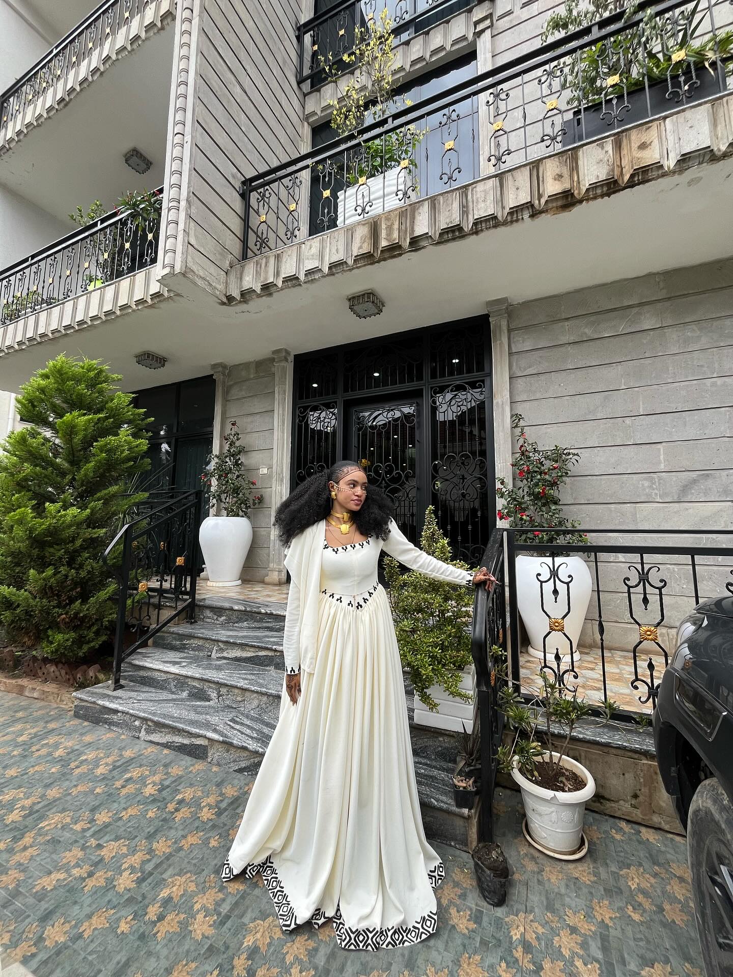 Modern White Ethiopian Dress with Black Embroidered Details