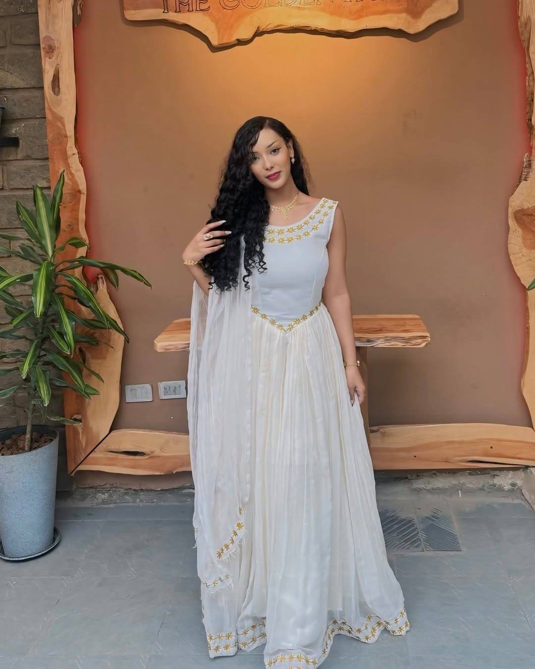 White Habesha Kemis with Gold Embroidery  Sleeveless Habesha Dress Timeless Ethiopian Clothing For Cultural Events 0089