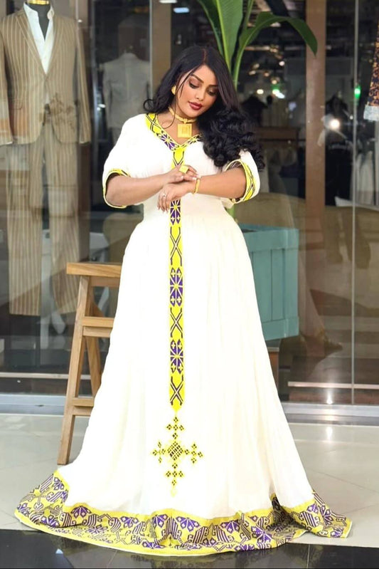 Cultural Ethiopian Dress For Special Celebrations Yellow & Purple Tibeb Habesha Kemis  Soft Handwoven Habesha Dress 0090