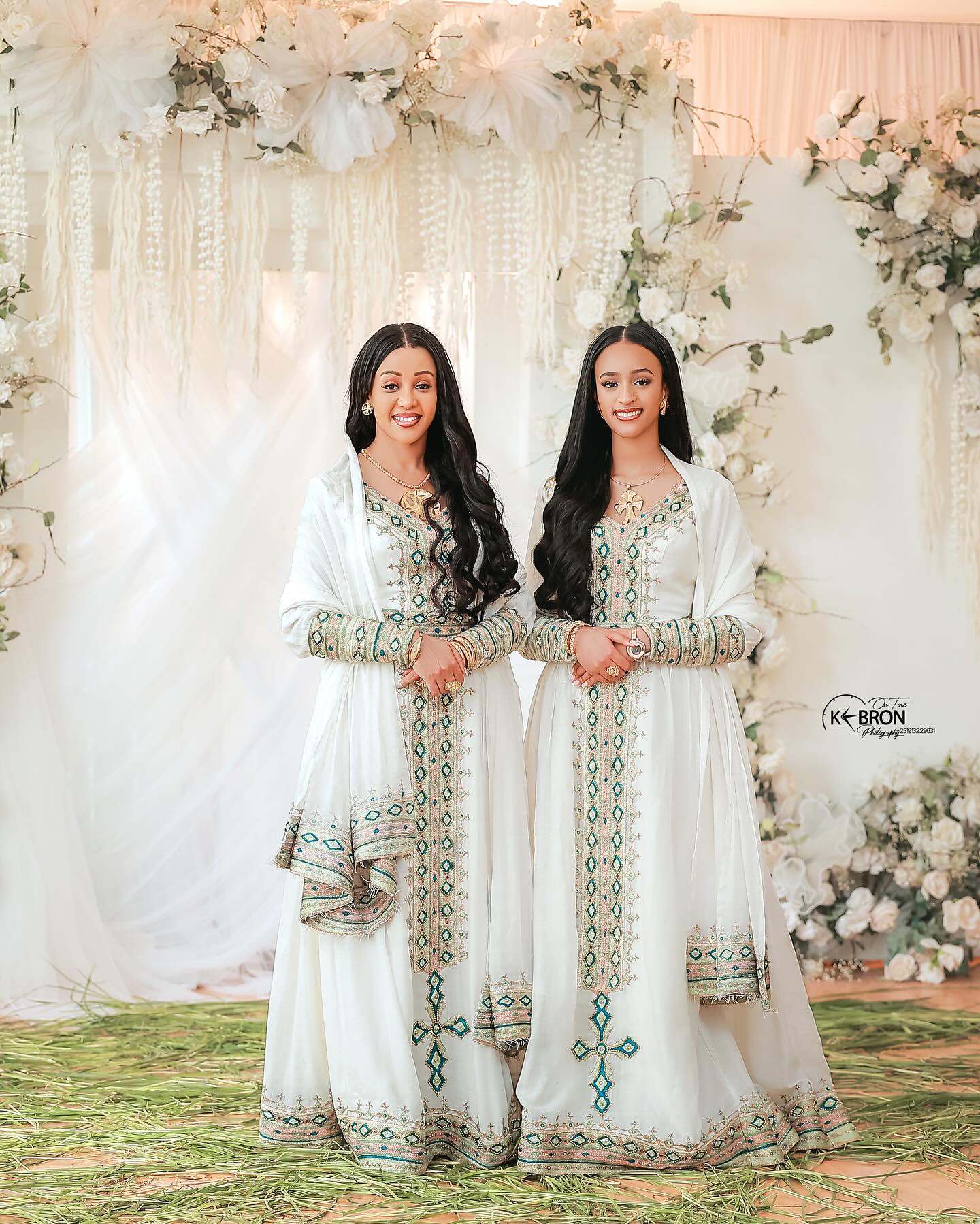 Unique Cross Tibeb Embroidery Ethiopian Clothing Green-gold Pattern Habesha Dress Graceful Habesha Kemis For Events 106
