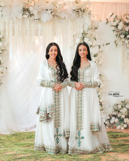Unique Cross Tibeb Embroidery Ethiopian Clothing Green-gold Pattern Habesha Dress Graceful Habesha Kemis For Events 106