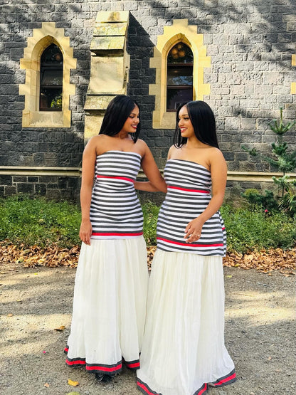 Oromo Traditional Dress Black & White with Flowing White Skirt Oromo Dress Graceful  Oromo Kemis 114