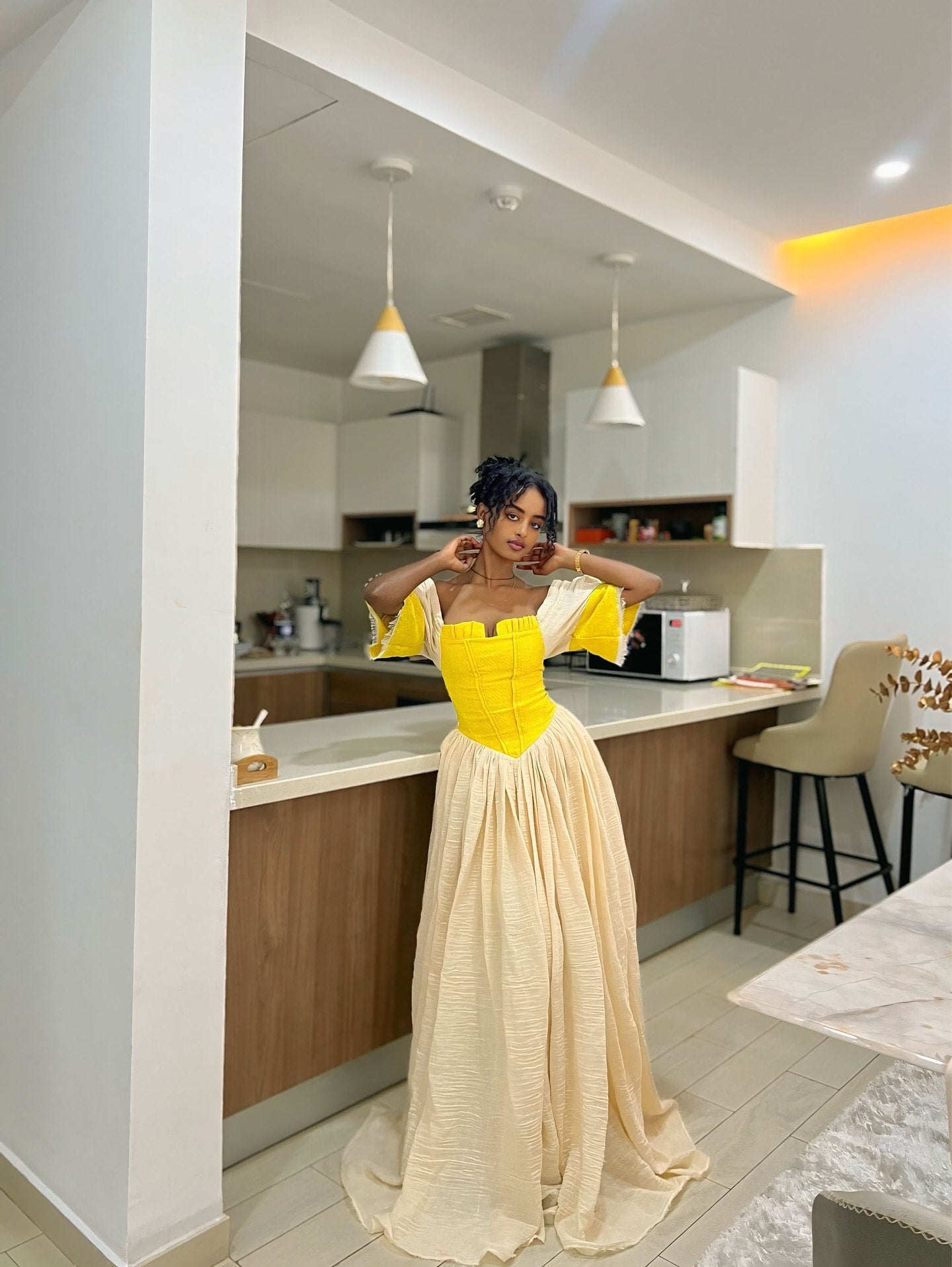 Yellow Habesha Dress Traditional Ethiopian & Eritrean Clothing Off-Shoulder Habesha Kemis For Holidays 127