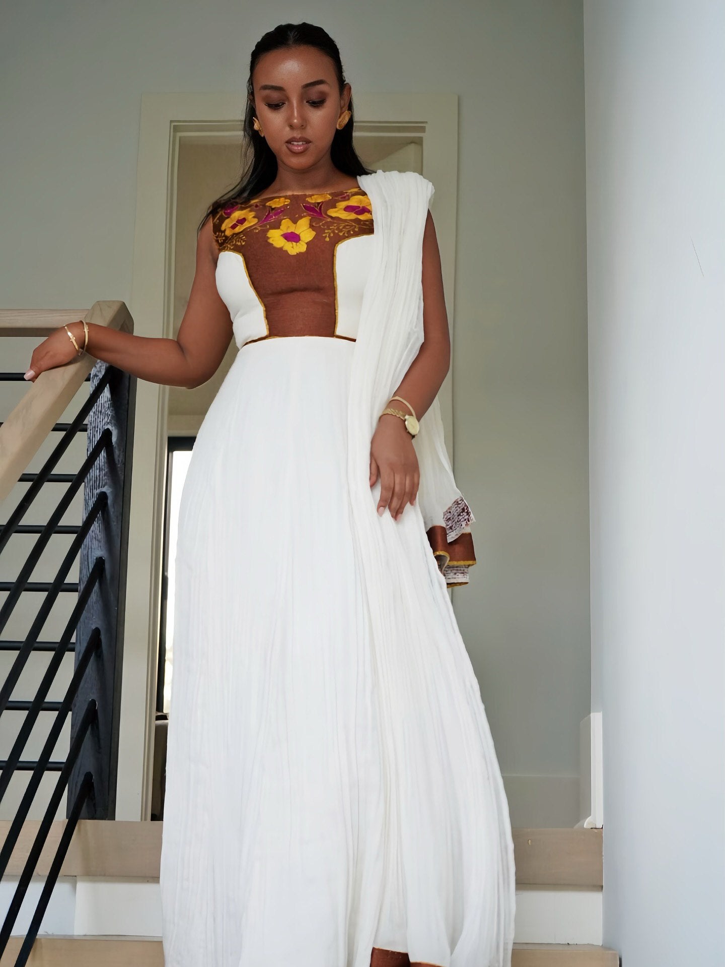 Modern Habesha Dress with Shawl Floral Ethiopian & Eritrean Clothing Yellow And Purple Pattern Habesha Kemis 135