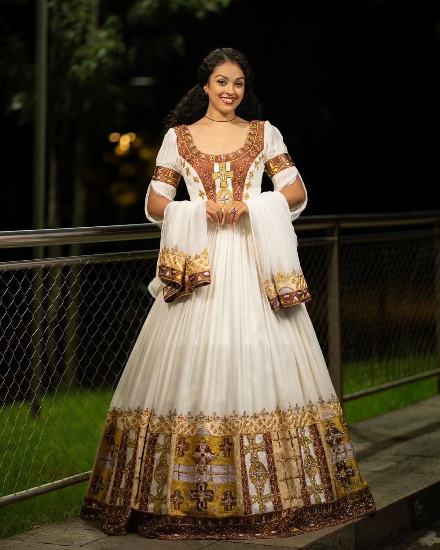 Cross-Embroidered Traditional Ethiopian Wedding Dress – Gold & Brown Habesha Cloth