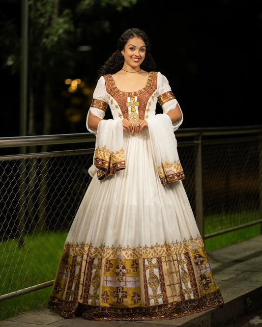 Cross-Embroidered Traditional Ethiopian Wedding Dress – Gold & Brown Habesha Cloth