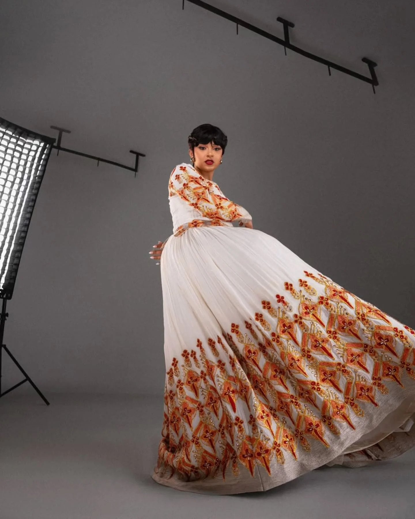 Vibrant Orange & Gold Traditional Ethiopian Wedding Dress Long Sleeves Habesha Kemis Beautiful Habesha Dress 137