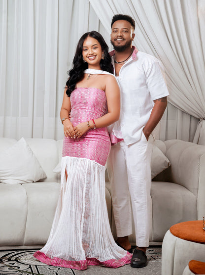 Modern Pink & White Ethiopian Couple Outfit Matching Wear for Couples Cultural Ethiopian Wear 150