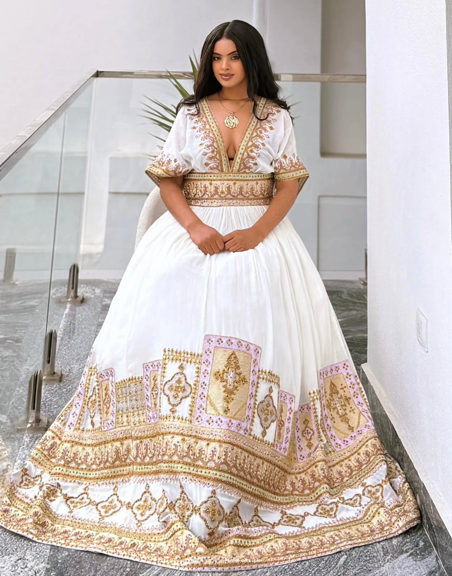 Luxury Traditional Ethiopian Wedding Dress Gold & Lilac Detail Habesha Kemis V-neckline Habesha Dress 153