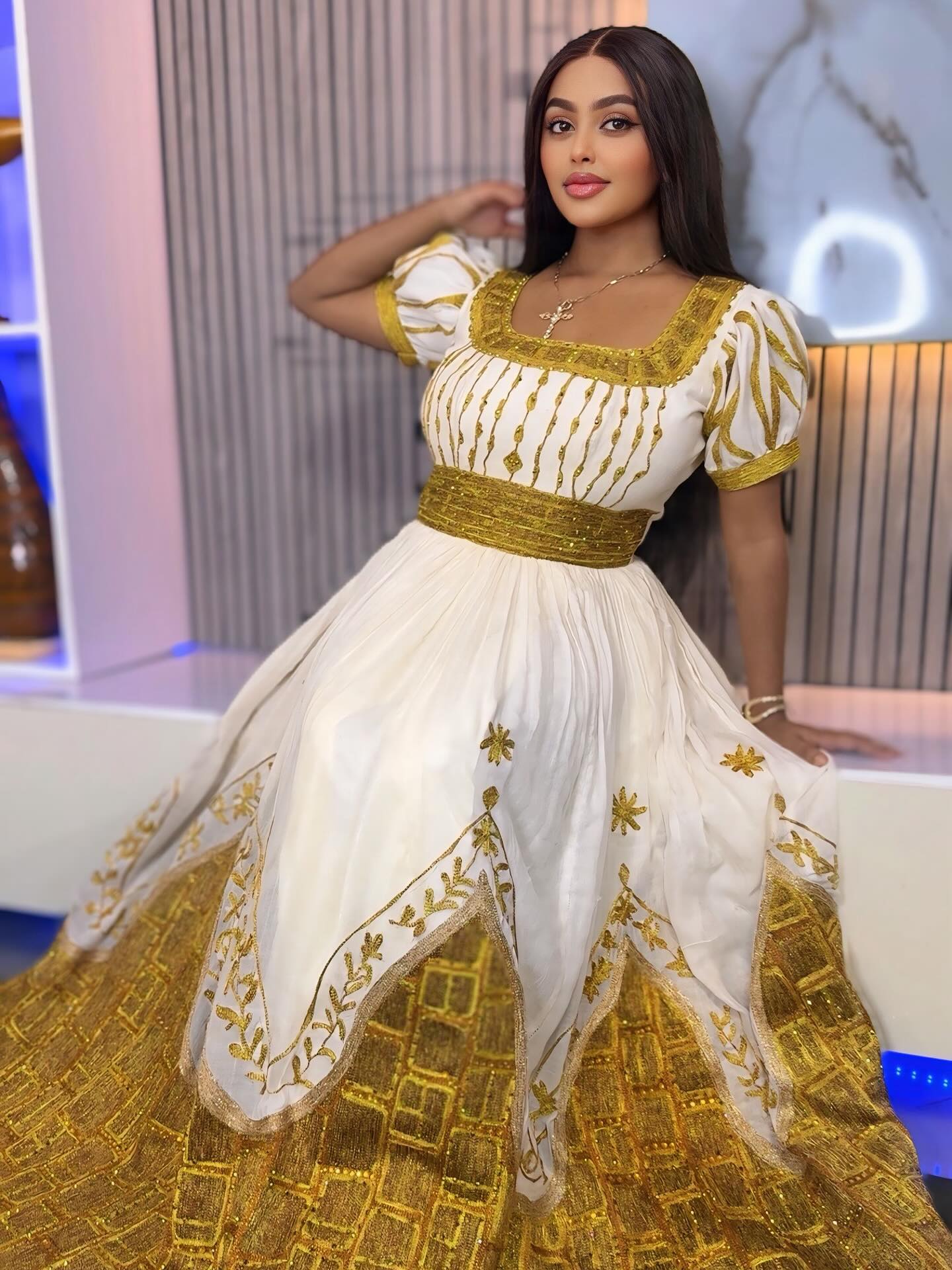 Golden Embroidered Traditional Ethiopian Dress Puffed Sleeve Habesha Dress Cultural Habesha Kemis For Wedding 172