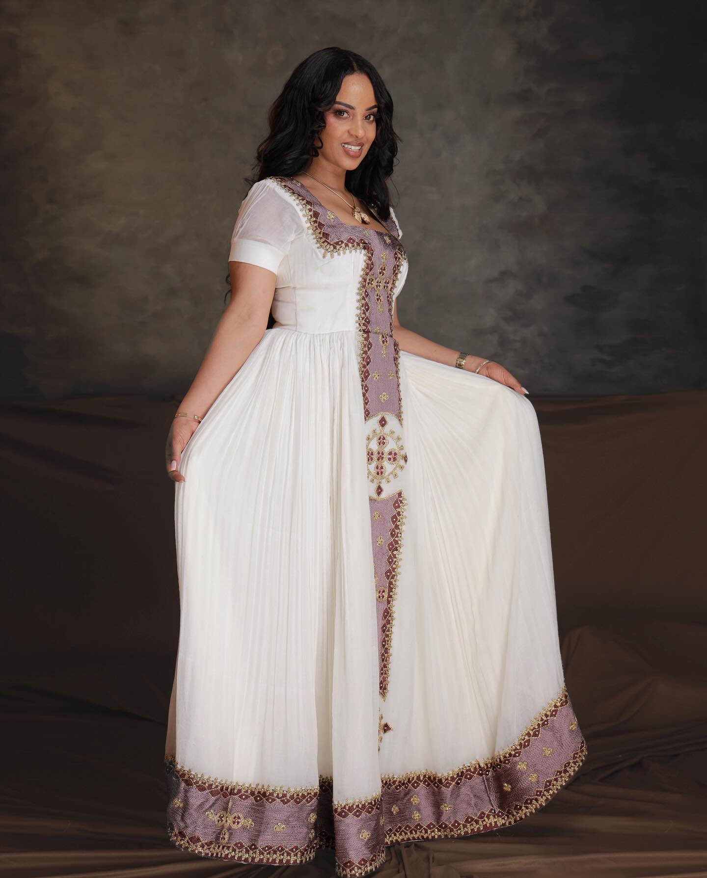 white and purple embroidered ethiopian traditional dress habesha Dress For Festive Timeless Habesha Kemis 173