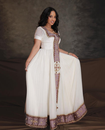 white and purple embroidered ethiopian traditional dress habesha Dress For Festive Timeless Habesha Kemis 173