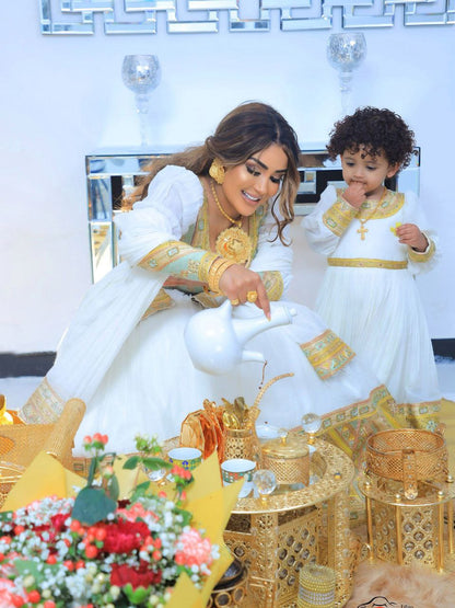 elegant white and gold embroidered Habesha Dress Ethiopian wedding dress Habesha Kemis For Wedding 175