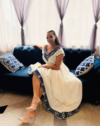 stylish Ethiopian dress blue embroidery on Habesha Kemis Beautiful Habesha Dress 179