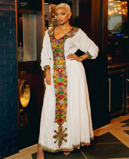 White Habesha Traditional Dress Colorful Embroidered Habesha Kemis Long Sleeve Habesha Dress 181