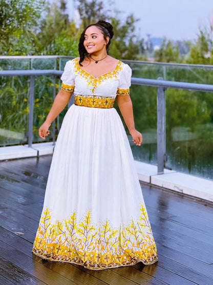 Yellow Embroidery Traditional Ethiopian Cloth Short Sleeve Habesha Kemis Graceful Habesha Dress 184