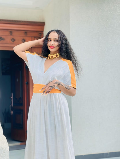 Orange And White Ethiopian Traditional Dress Simple Habesha Kemis Unique Habesha Dress For Event 194