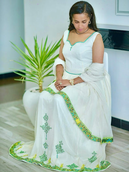 White habesha kemis with green embroidery elegant habesha dress ethiopian traditional dress 206
