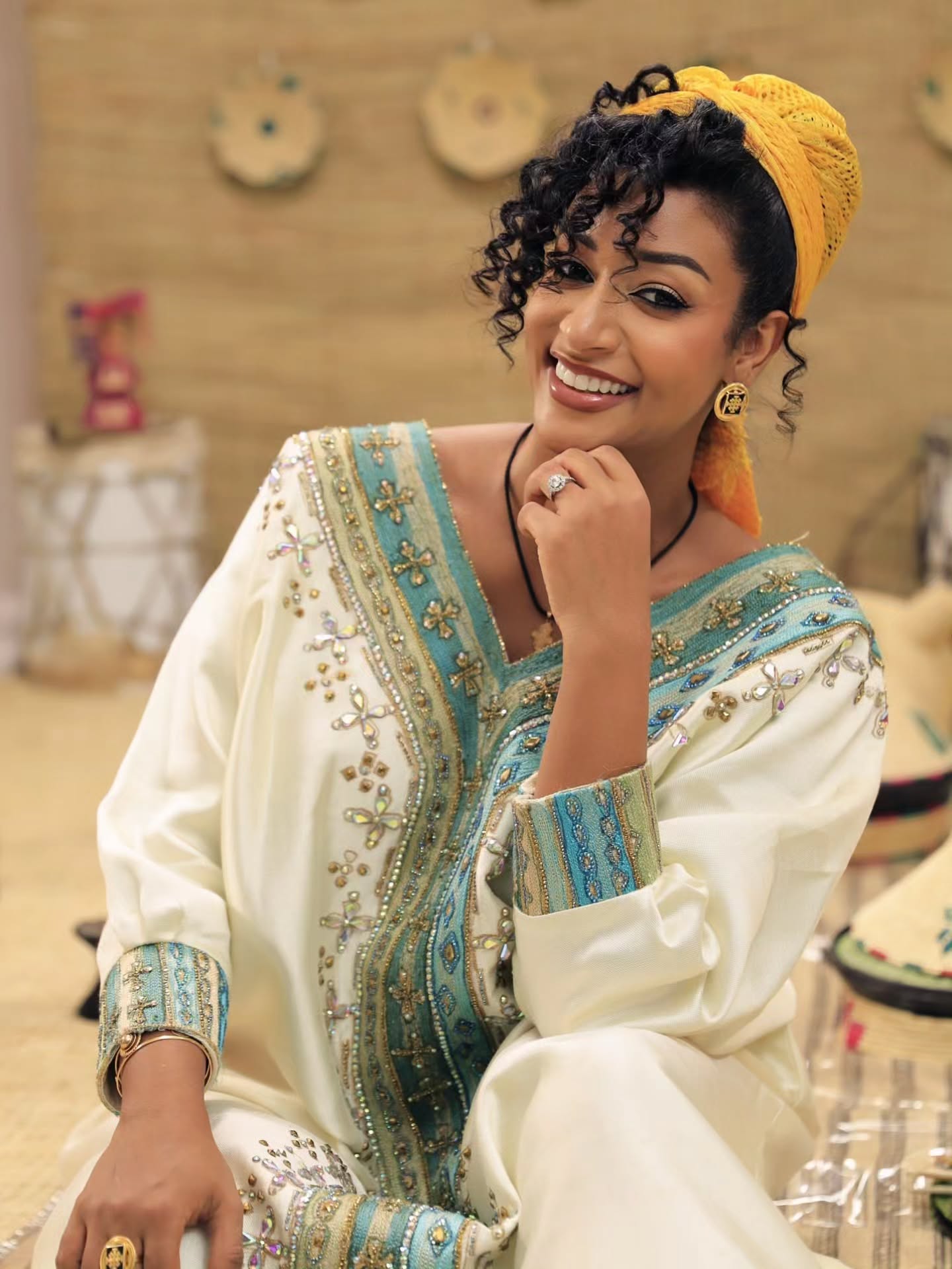 Turquoise and golden embroidery habesha dress Cultural habesha kemis ethiopian traditional Clothing 209