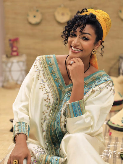 Turquoise and golden embroidery habesha dress Cultural habesha kemis ethiopian traditional Clothing 209