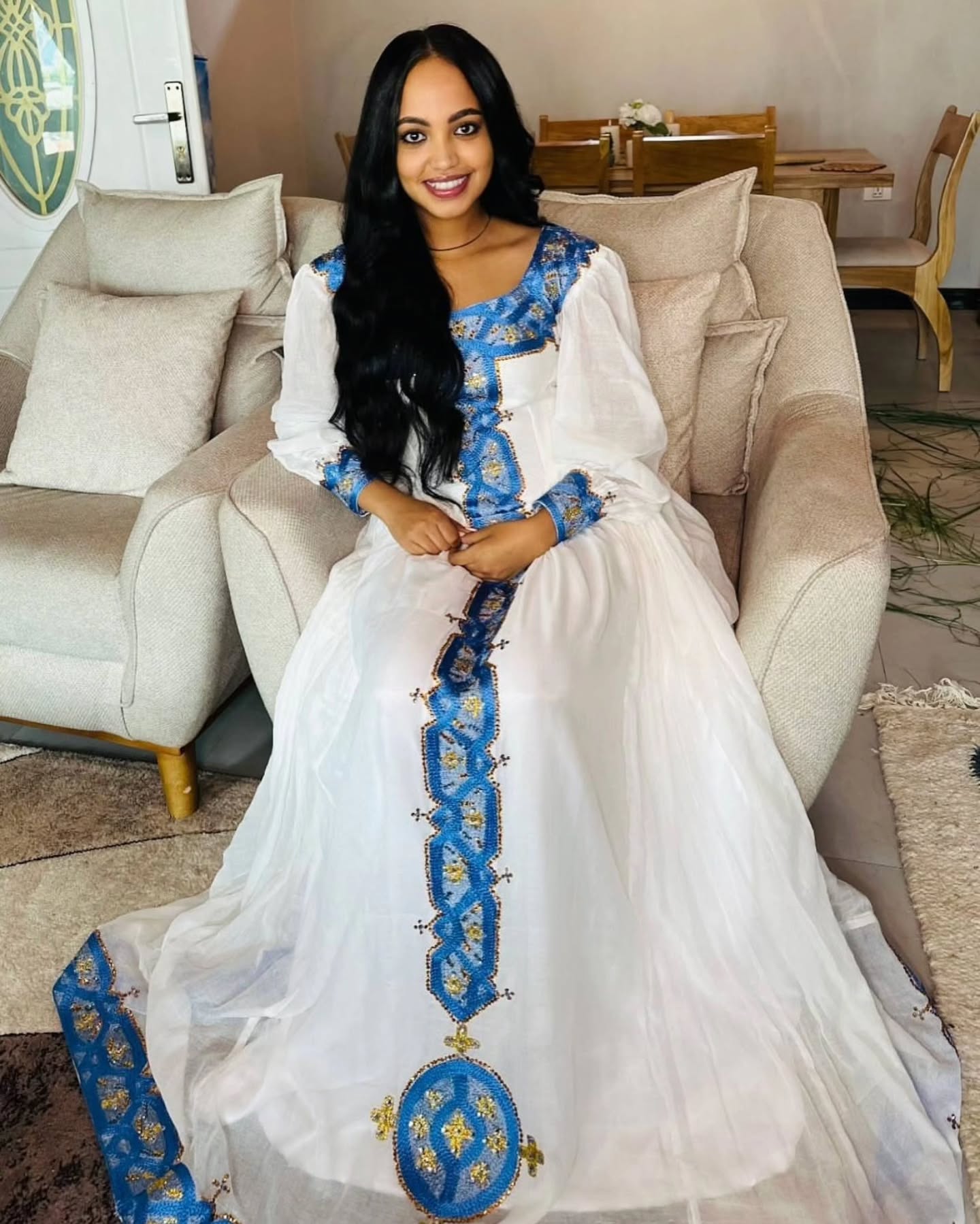 White habesha dress with blue and gold embroidery Ethiopian traditional dress habesha cloth 210