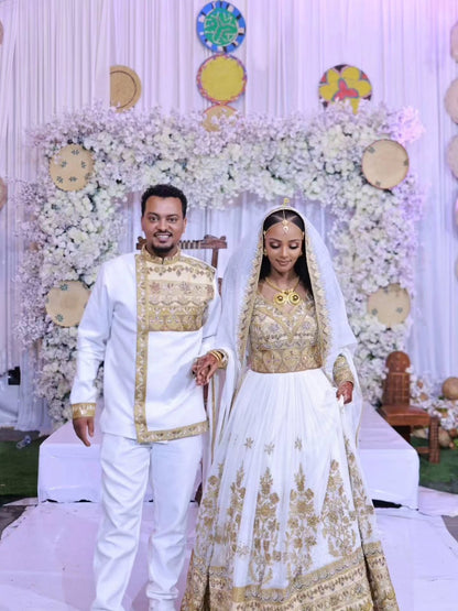gold habesha couple outfit Ethiopian Matching dress and shirt traditional habesha cloth 211