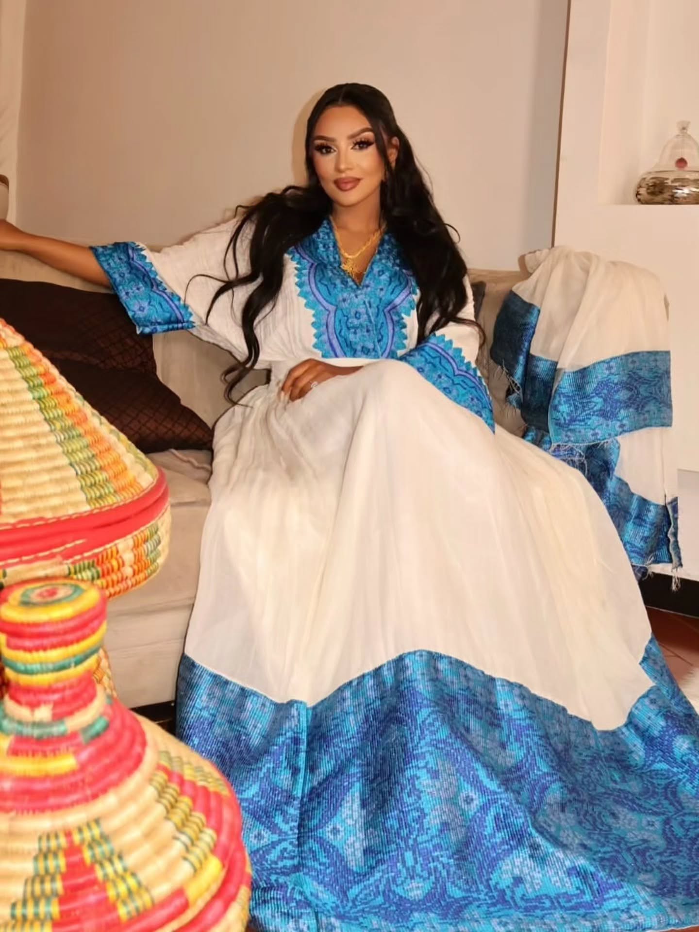 blue embroidery Habesha Dress ethiopian traditional clothing habesha kemis For Event 212
